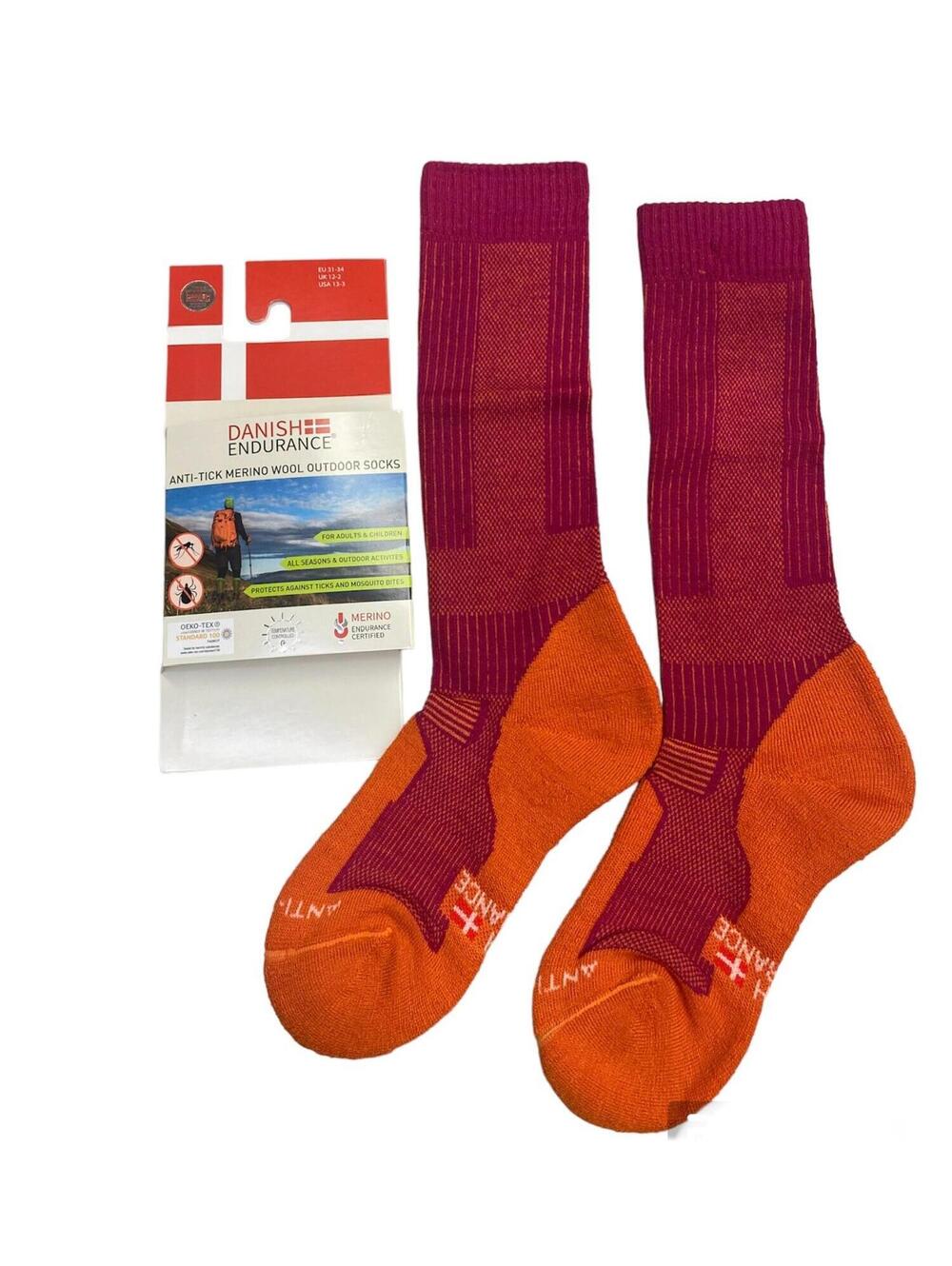 Danish Endurance Merino Wool Anti-Tick/Mosquito Socks USA 13-3 Fuschia/Orange